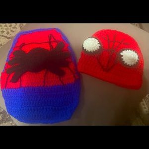 Baby spiderman knit hat and lap blanket